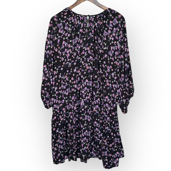 H&M Mini Dress Women Size XXL Black Floral Keyhole Viscose Half Puff Sleeve Boho - Picture 6 of 13